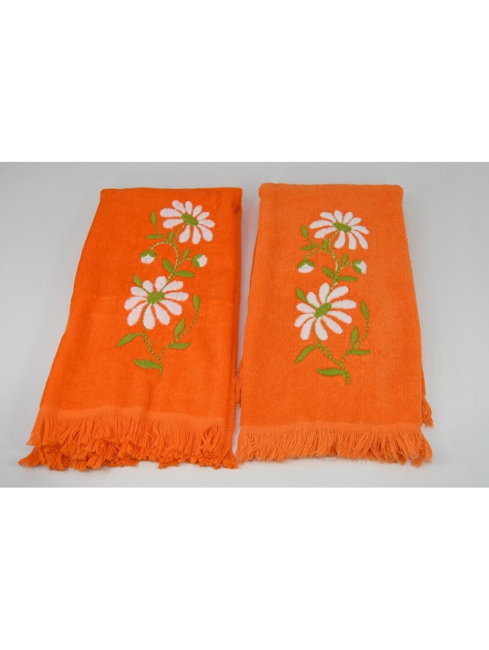VTG Hand Towels 1970s Groovy Flower Power Embroidery Daisy Orange Fringe 2 SIZES